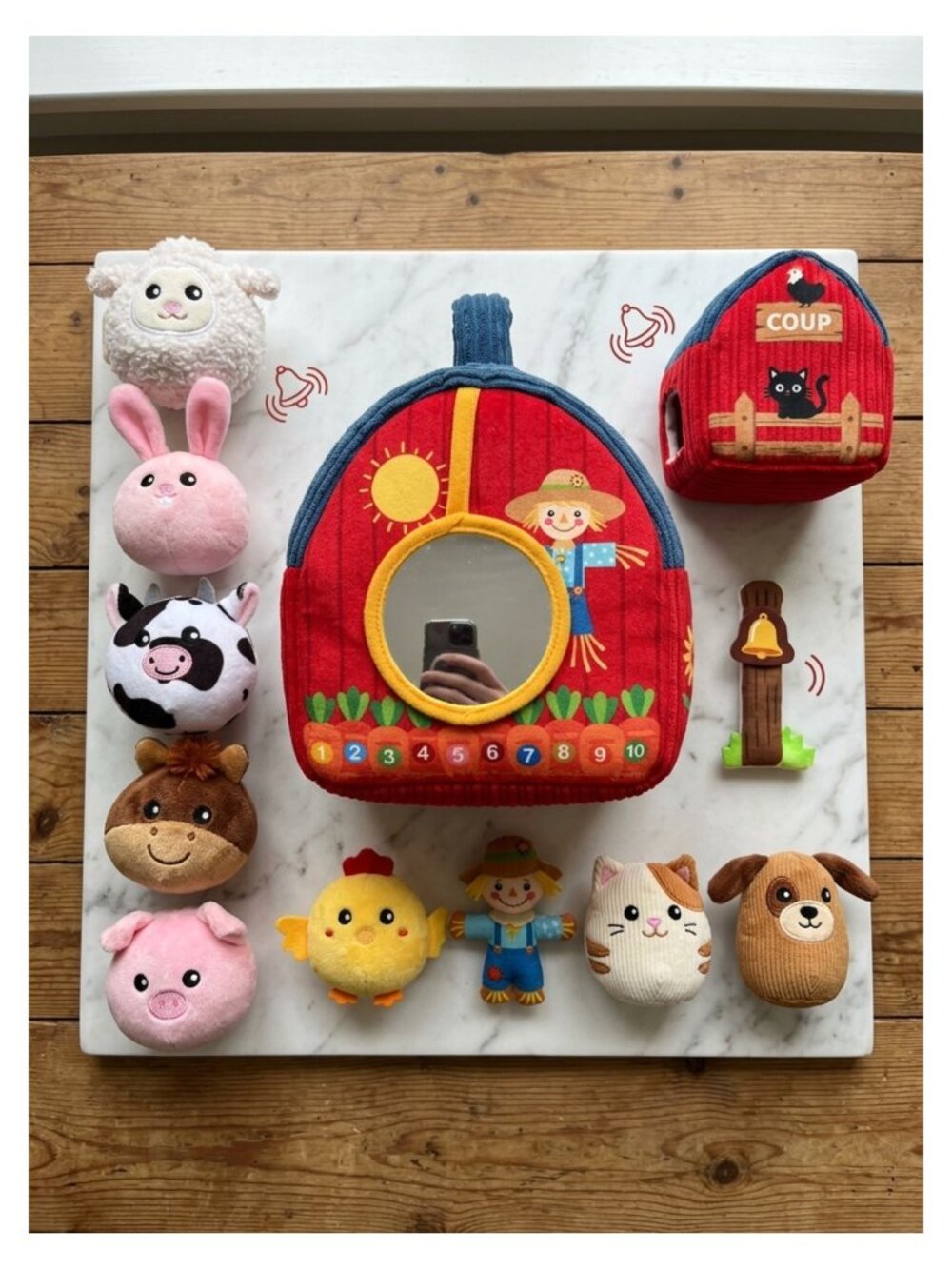 Plush Farm Animal Set Baby Sensory Toys with Barn Rattle Crinkle Mirror